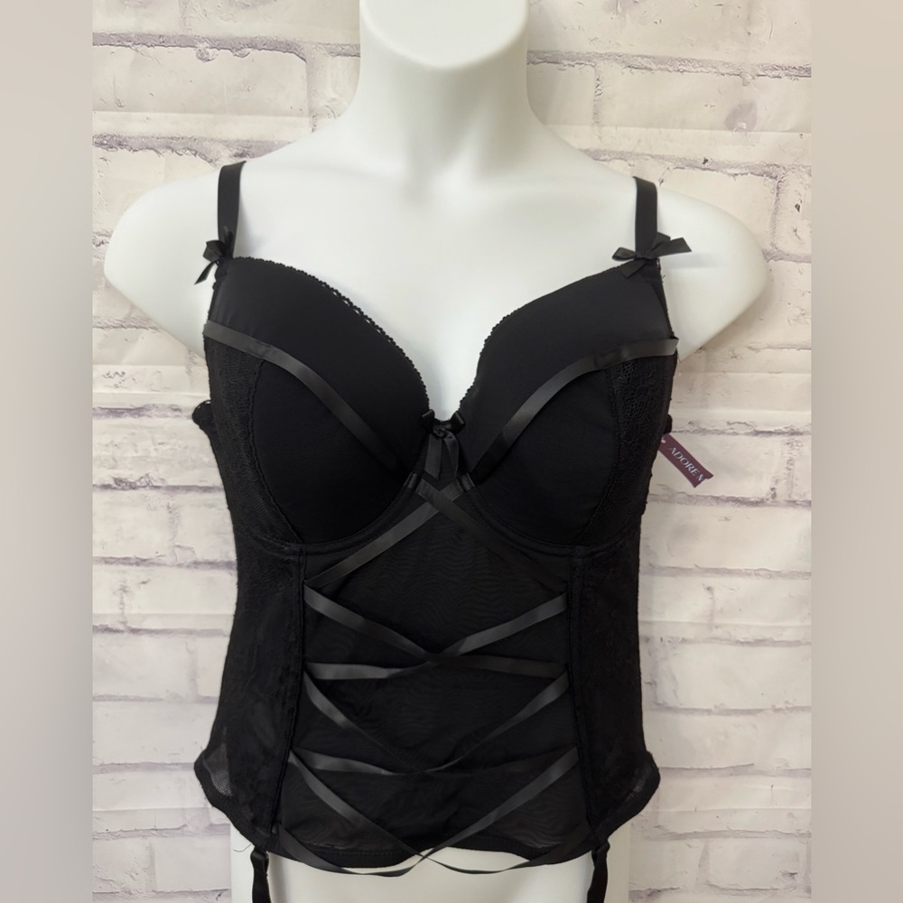 Adore Me Size 38DDD Bustier Lace Up Neglige Garters Black Sexy Boudoir New